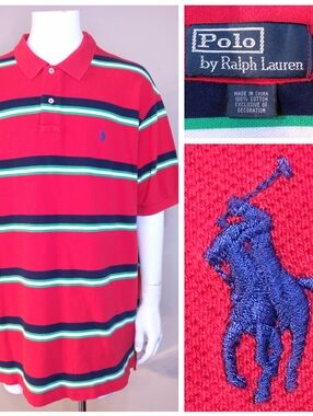 POLO RALPH LAUREN Vintage Shirt XXL Red Stripes BLUE PONY Vtg 00s 2XL RL Golf SS